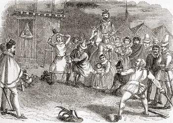 Lancer de coq, également appelé jeu du coq ou lancer sur des coqs, tiré de Old England: A Pictorial Museum, publié en 1847