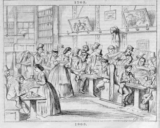 Salle de café en 1863, de London Coffee-Houses Past and Present (gravure en couleur)