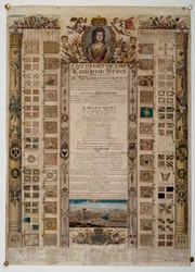 Carte commémorative montrant les étendards capturés aux Français après la bataille de Blenheim, vers 1704