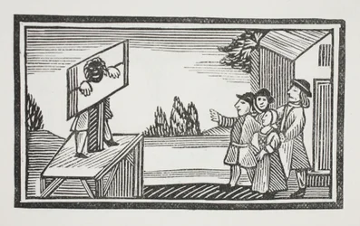 Condamné à rester une heure ou plus au pilori, illustration de Chap-books du XVIIIe siècle par John Ashton, pub. 1882