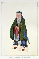 Confucius (551-479 av. J.-C.) : Enseignant et philosophe, frontispice de "Mythes et légendes de la Chine", par Edward T.C. Werner, publié par George G. Harrap  Co.