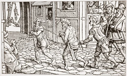 Gravure contemporaine montrant un vagabond fouetté dans les rues d