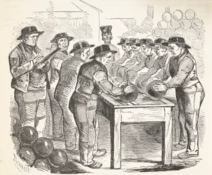 Condamnés grattant des boulets, illustration de The Criminal Prisons of London and Scenes from Prison Life par Henry Mayhew et John Binny, pub. 1862