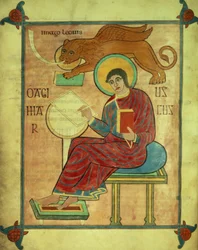 Saint Marc assis avec son symbole, des Évangiles de Lindisfarne