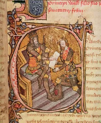 Cotton Nero D VI fol.31 Édouard III accordant au Prince Noir la principauté d
