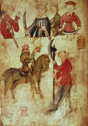 Cotton Nero Ms A X, f.94v : Le Chevalier Vert sans tête dans la salle d