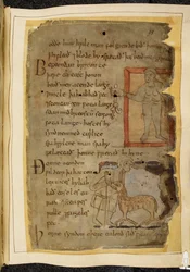 Un homme nu tenant une plante; deux hommes parlant, et entre eux un lertix, une bête semblable à un mouton, illustration de Beowulf, du 