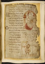 Un homme assis sur un coussin sous une arche; deux catini, bêtes à gueule ouverte comme des chiens; un homme en robe avec un bâton, tendant la main à un autre homme, illustration de Beowulf, tirée du 