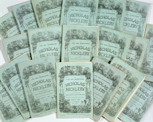 Couvertures des éditions mensuelles de La Vie et les Aventures de Nicholas Nickleby par Charles Dickens (1812-70), publiées en 1839