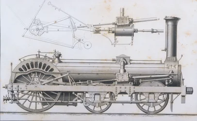 Locomotive à vapeur de Crampton, de Cyclopaedia of Useful Arts & Manufactures, édité par Charles Tomlinson, vers 1880