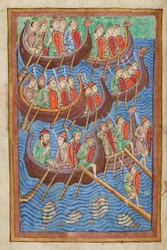 Les Danois sous Hinguar et Hubba débarquent en Grande-Bretagne, du Miscellany sur la vie de Saint Edmund, Bury St Edmunds, vers 1130