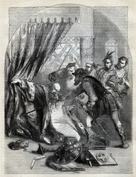 Mort du cardinal Beaton, 29 mai 1546 - Cardinal David Beaton (c1494-1546), archevêque de St. Andrews, assassiné pendant la Réforme écossaise - gravure de 