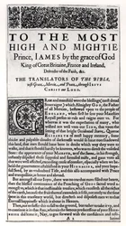 Page de dédicace dans La Sainte Bible, pub. par Robert Barker, 1611