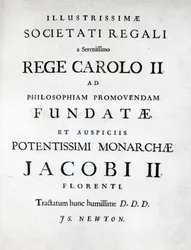 Dédicace à la Royal Society de la première édition des Principia Mathematica de Newton, 1687