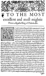 Dédicace au roi de Pologne Sigismond II Auguste I dans Le Conseiller, la première traduction anglaise de De optimo senatore de Wawrzyniec Grzymała Goślicki, 1598 (impression)
