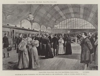 Départ de la reine Wilhelmina et de la reine régente des Pays-Bas, scène à la gare Victoria le 9 mai (lithographie)