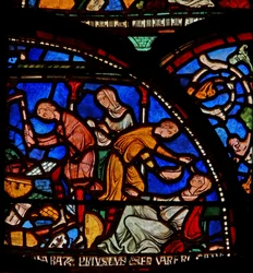 Détail de la fenêtre des Miracles représentant la mère de Geoffrey de Winchester priant Saint Thomas