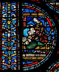 Détail de la fenêtre des Miracles représentant John Roxborough et Henry Beche