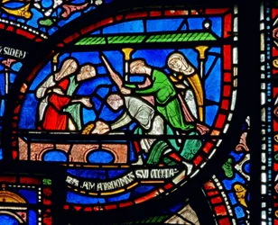 (détail) de la fenêtre du Miracle : histoire de Richard Sunieve