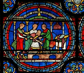 (détail) de la fenêtre du Miracle représentant Robert de Cricklade au tombeau