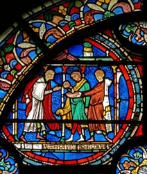 (détail) de la fenêtre du Miracle : pèlerins guéris au sanctuaire de Saint Thomas
