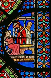 (détail) de la fenêtre du Miracle : guérison des filles de Godbold de Boxley