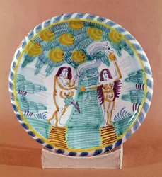 Plat représentant Adam et Ève (faïence)