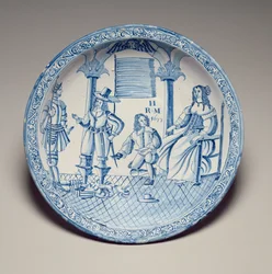 Plat avec la reine Catherine assise faisant ajuster une chaussure par un cavalier agenouillé, 1677