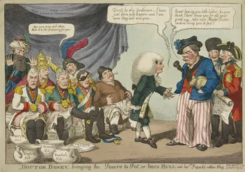 Docteur Boney amenant les puissances à Pot, ou John Bull et ses amis plutôt timides, pub. 1808 (gravure en couleur)