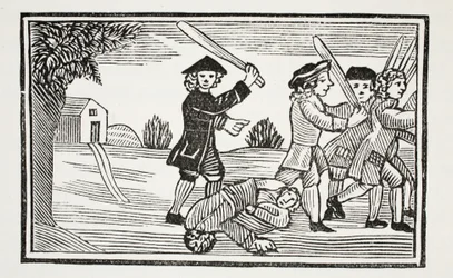Le tour du Dr. Faustus sur vingt étudiants, illustration de Chap-books du XVIIIe siècle par John Ashton, pub. 1882