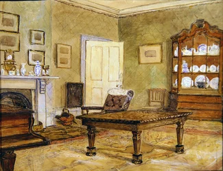 Intérieur de salon avec collection de porcelaine, vers 1890