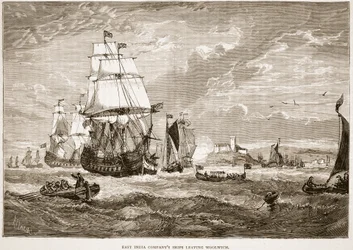 Navires de la Compagnie des Indes orientales quittant Woolwich, illustration de Cassell