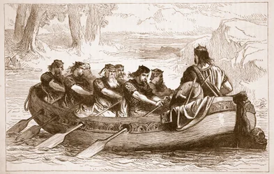 Edgar le Pacifique ramé sur la rivière Dee par huit princes tributaires, illustration de Cassells Illustrated History of England