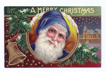 Carte postale de Noël édouardienne représentant le Père Noël avec du gui et une cloche, vers 1910 (lithographie couleur)