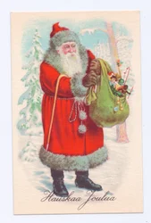 Carte postale édouardienne du Père Noël tenant un sac de jouets, vers 1910 (lithographie couleur)