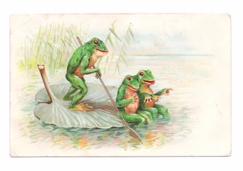 Carte postale édouardienne représentant deux grenouilles assises sur un bateau de nénuphars tandis qu