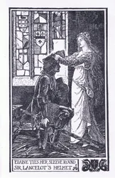 Elaine attache sa manche autour du casque de Sir Lancelot, illustration de 