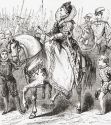 Élisabeth I inspectant ses troupes au port de Tilbury, 1588, de Ward et Locks Illustrated History of the World, pub. c.1882