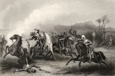 Rencontre entre le lieutenant Hills et un corps de cavalerie sepoy, de 