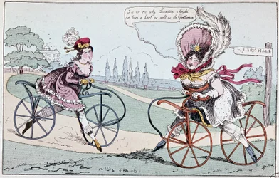 Caricature anglaise sur les chevaux de bois en 1819 (premiers vélos) - dans « Le cyclisme théorique et pratique » par Baudry de Saulnier