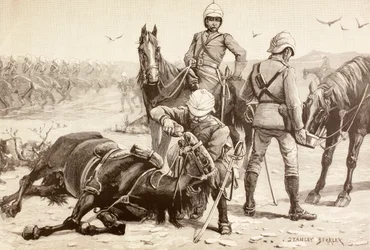 Cavalerie anglaise abreuvant leurs chevaux pendant la guerre des Mahdistes, Soudan dans les années 1880 (lithographie)