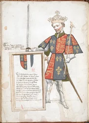 Roi anglais en armure et tabard (Richard II), présentant une plaque avec des vers.