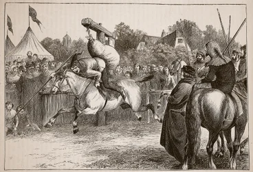Festivités anglaises au XIVe siècle : Joute au quintain, illustration de Cassells Illustrated History of England