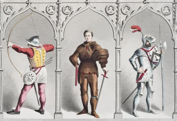 Costume militaire anglais au milieu du 15ème siècle, tiré de The National and Domestic History of England par William Hickman Smith Aubrey, publié à Londres vers 1890