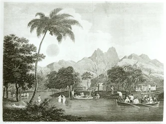 Missionnaires européens dans un village tahitien, de A Missionary Voyage to the Southern Pacific Ocean Performed in the Years 1796-98 in the Ship Duff, publié en 1799