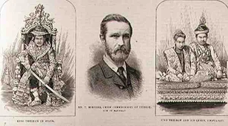 Expédition en Haute-Birmanie : Le roi Theebaw (1858-1916) en état, M. T. Bernard, commissaire en chef de Birmanie, maintenant à Mandalay, le roi Theebaw et sa reine, Soopya-Lat, de The Illustrated London News