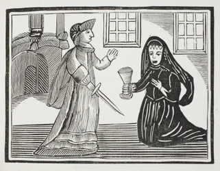 La belle Rosamonde empoisonnée par la reine Éléonore, illustration de Chap-books du XVIIIe siècle par John Ashton, pub. 1882
