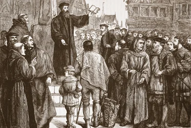 Farel prêchant sur la place du marché de Neuchâtel, illustration de L