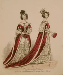 Planche de mode représentant des pairesses en robes de couronnement