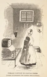 Détenue en robe de toile (punie pour avoir déchiré ses vêtements), illustration de The Criminal Prisons of London and Scenes from Prison Life par Henry Mayhew et John Binny, pub. 1862